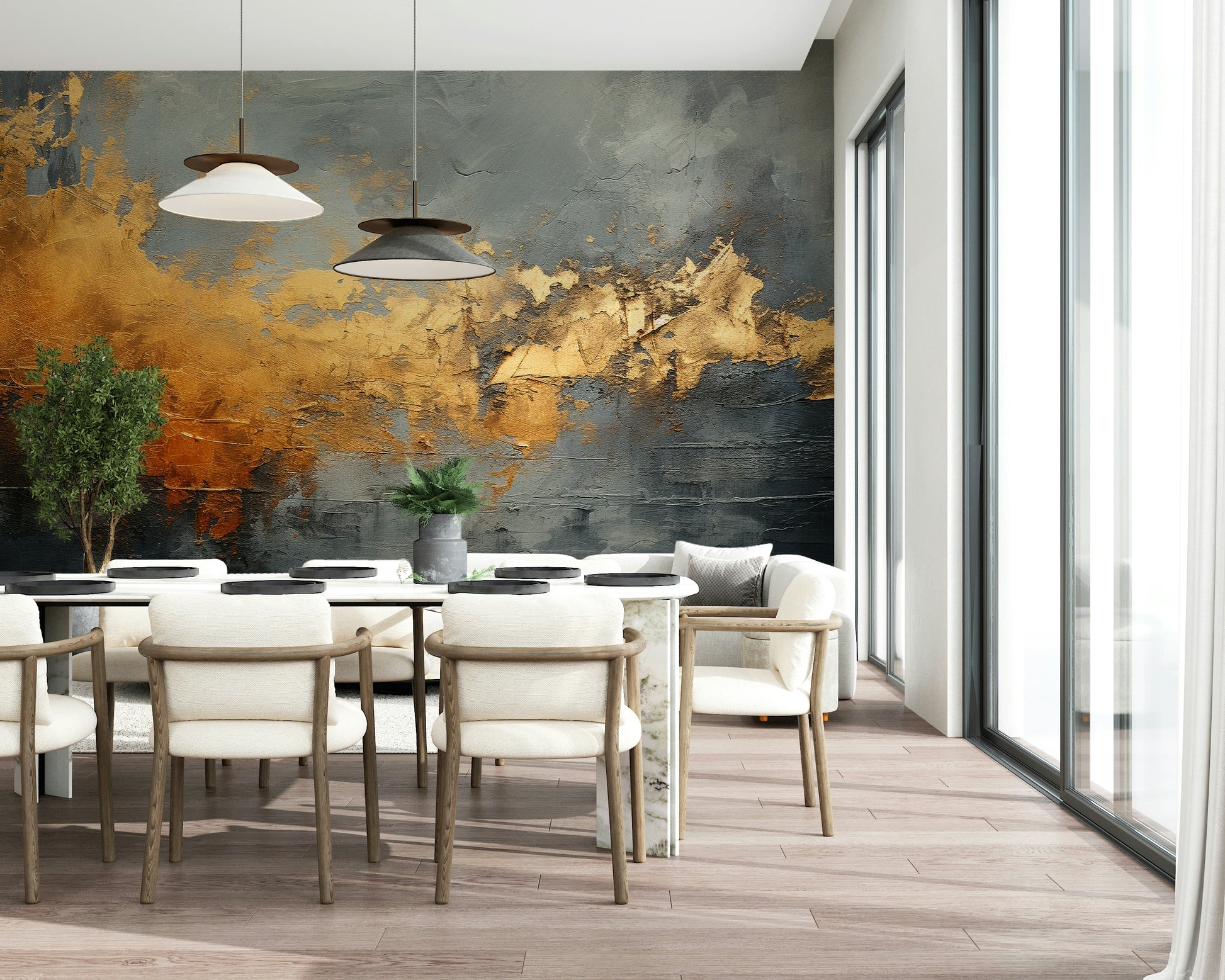 The image shows an artistic impression of a serene gilded horizon scene.

