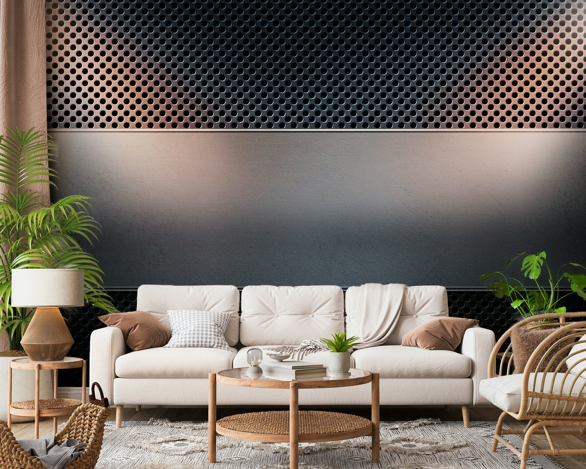 The colors are soft, muted tones of grey, brown, and rust.

