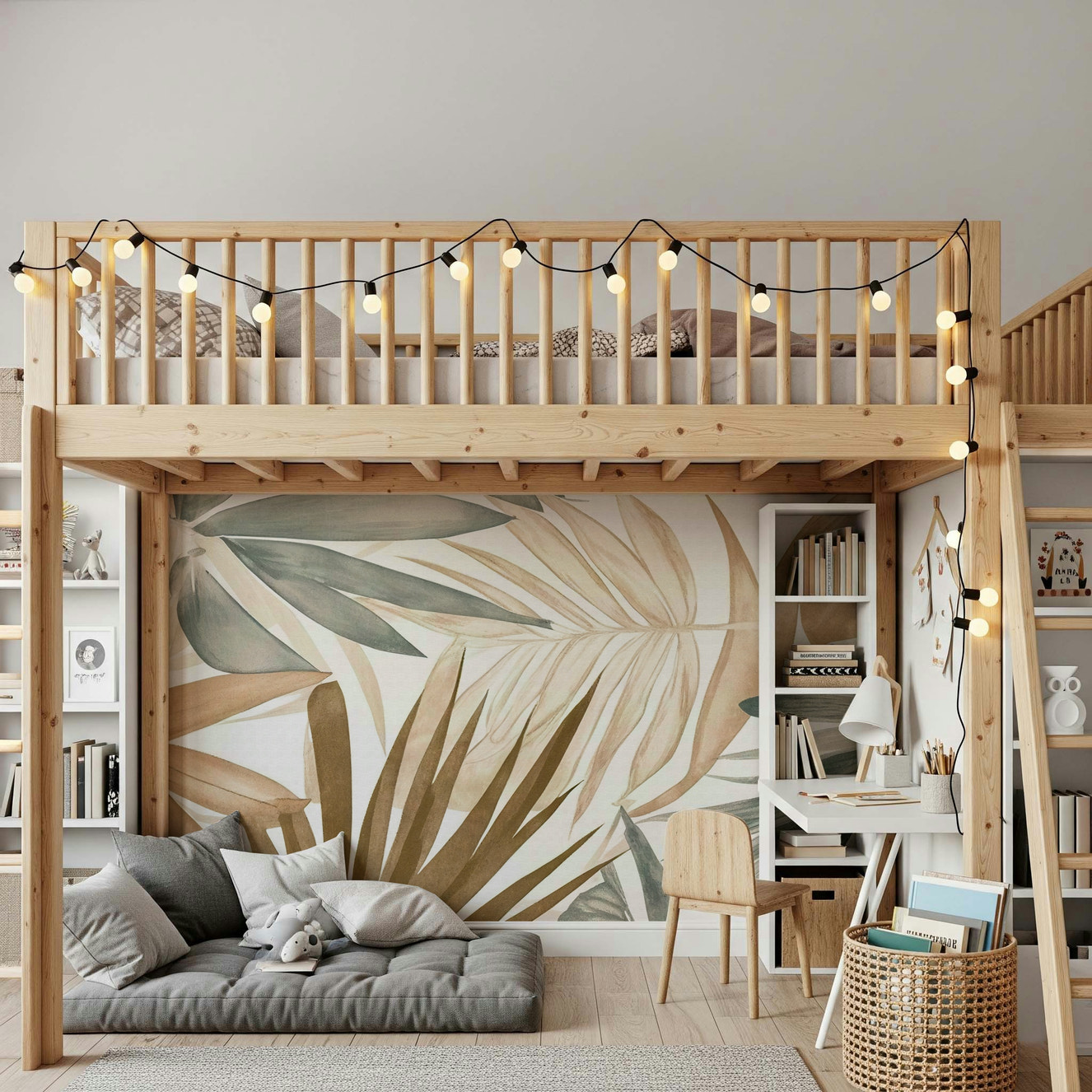 A wall mural of a peaceful floral and plant pattern.

