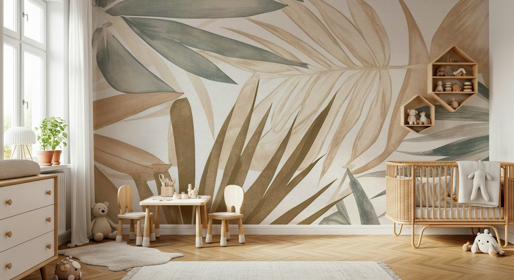 The floral and plant elements are a central focus of the image.

