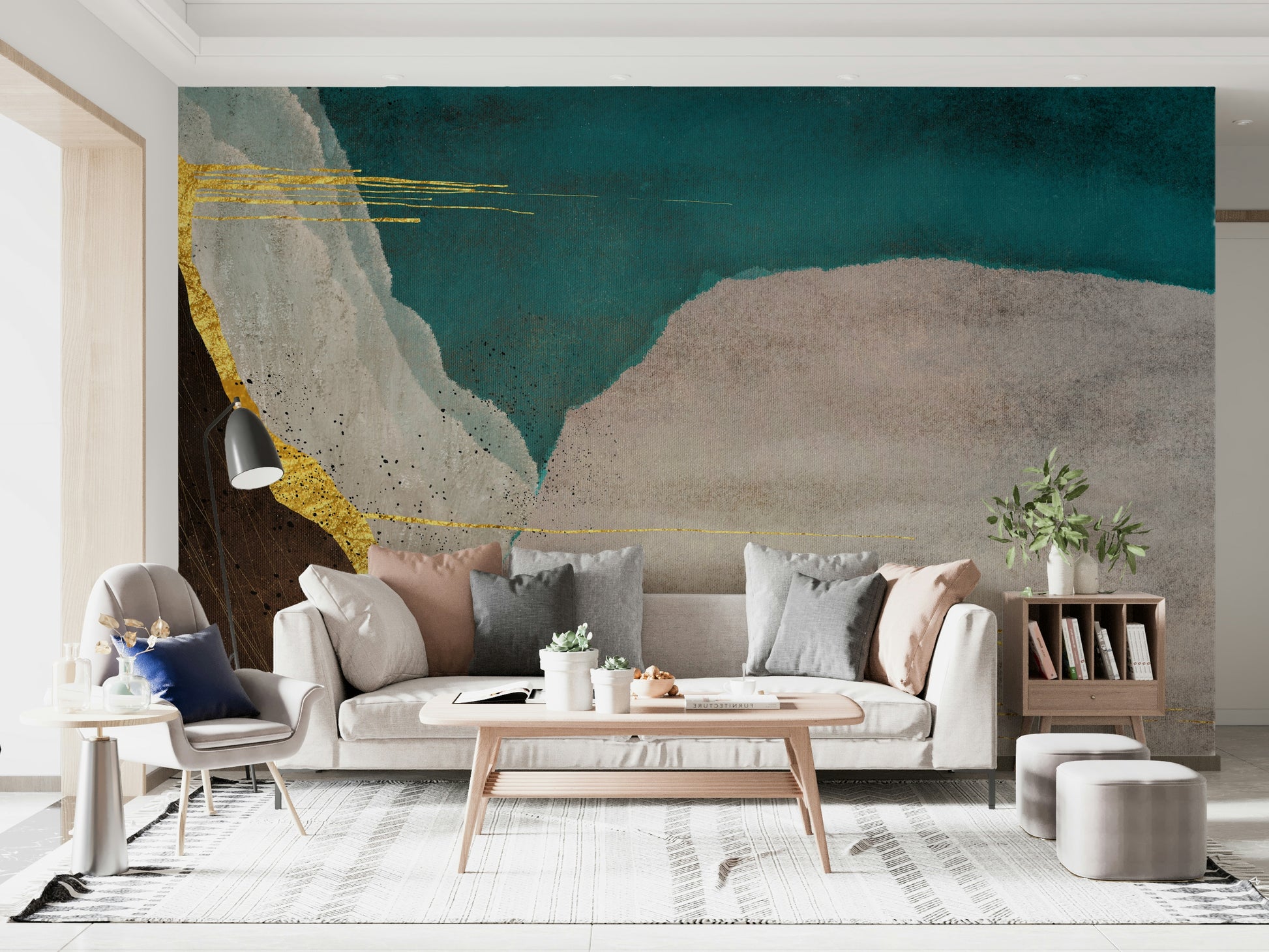 The colors are soft, muted tones of blue, gray, green, and terracotta.

