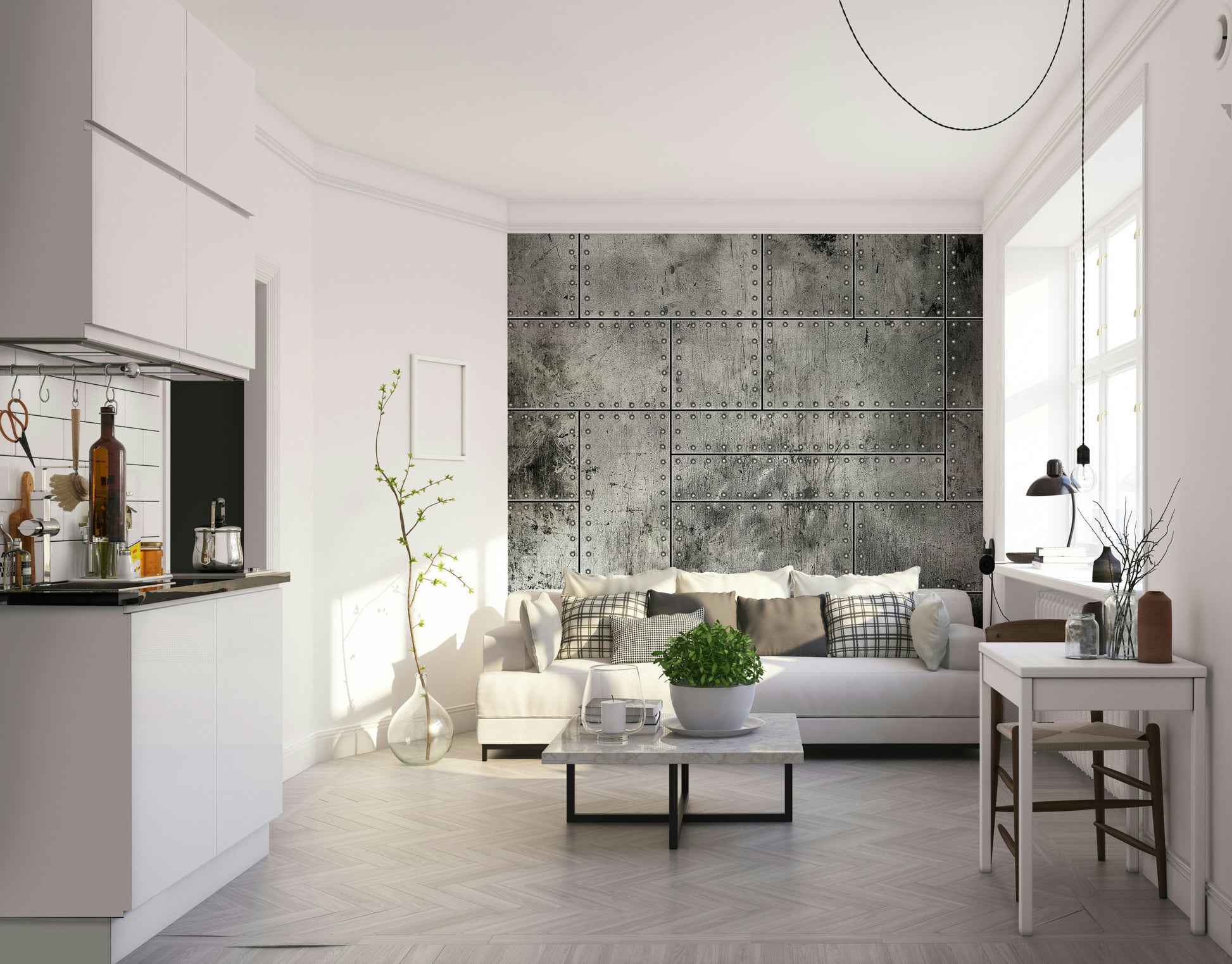 The colors are soft, muted tones of grey, brown, and rust.

