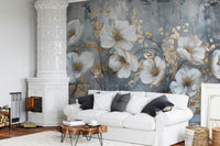 A wall mural of a painting of flowers.

