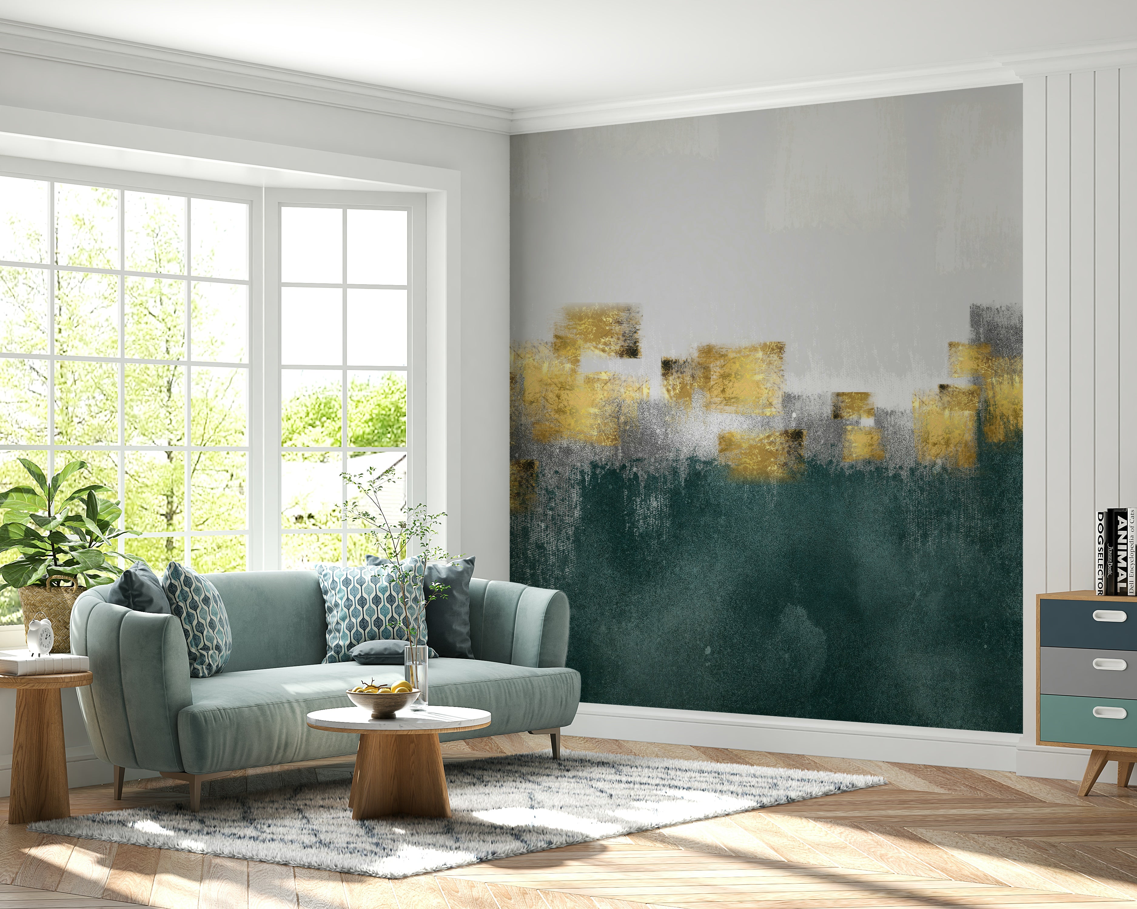 The colors are soft, muted tones of gold and beige.

