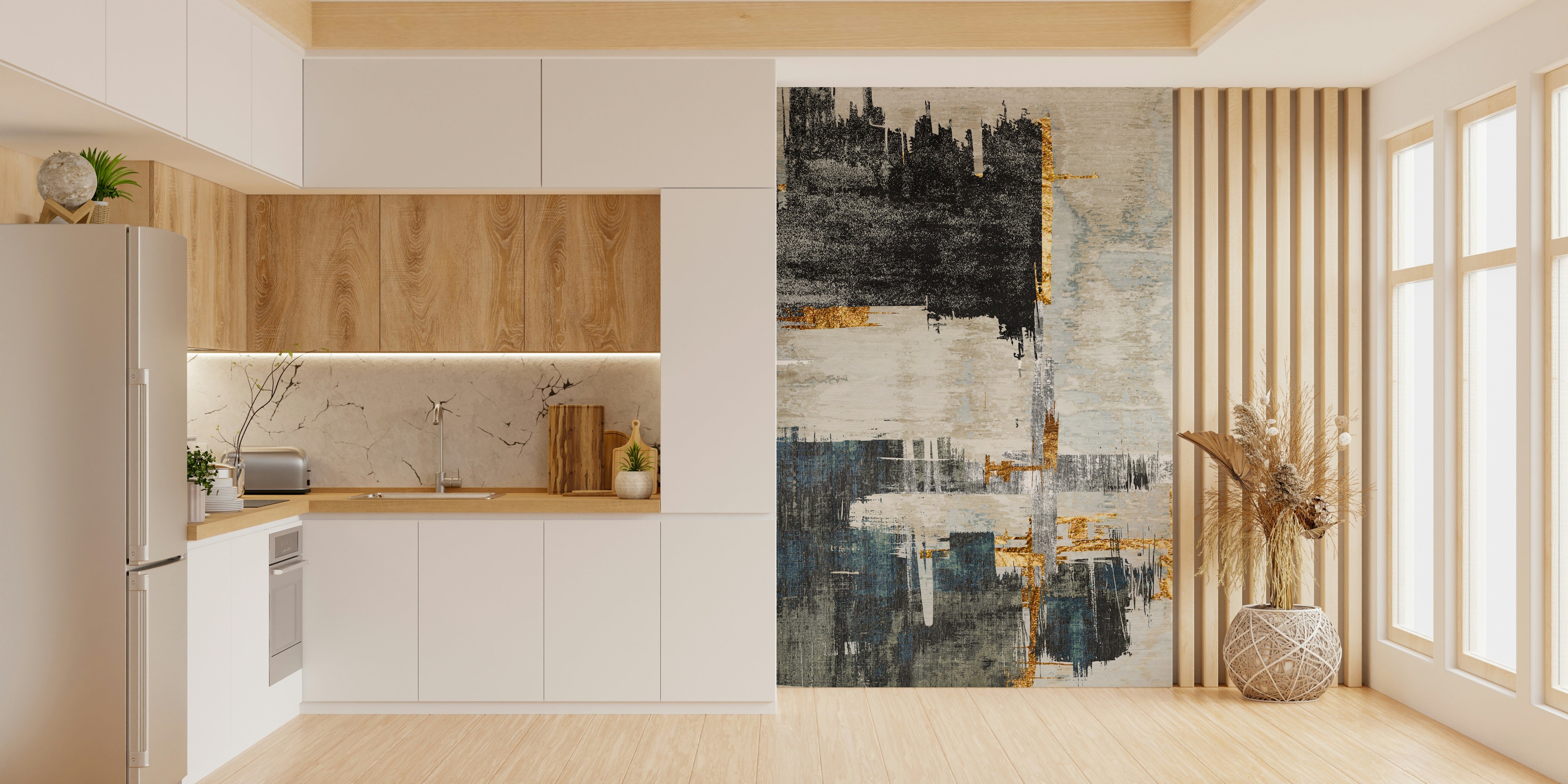 The composition is a dynamic, abstract pattern.

