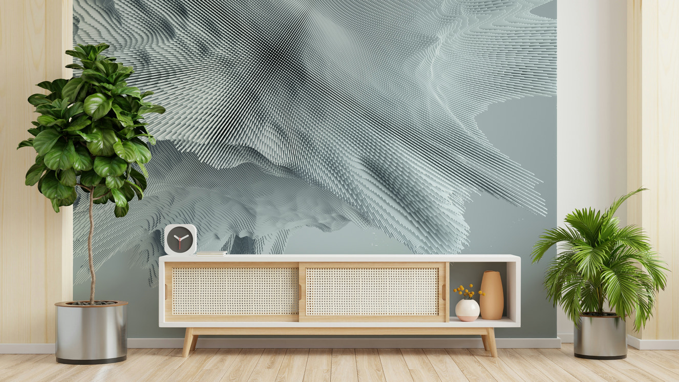 A wall mural of a mountain range.

