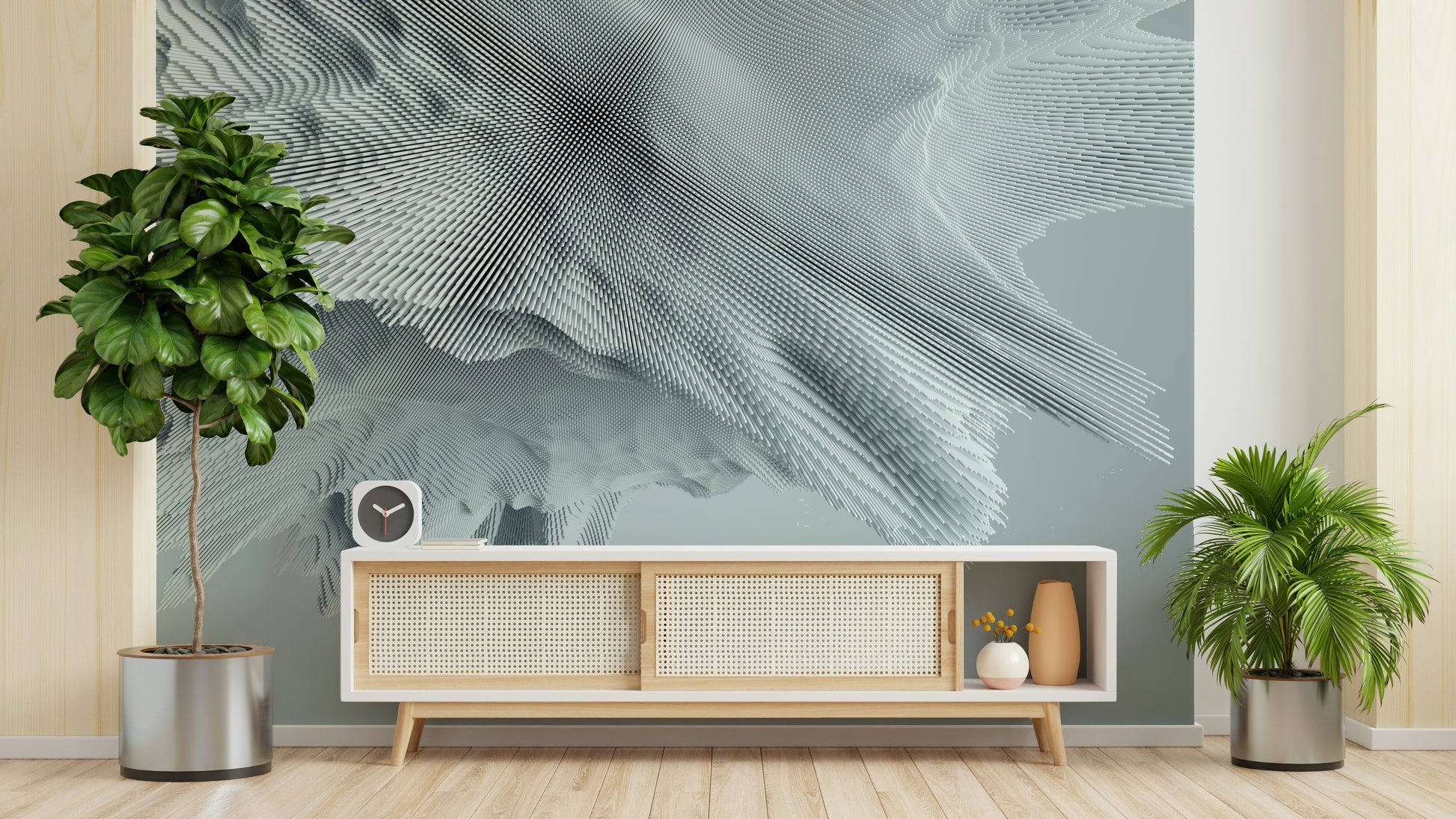 A wall mural of a mountain range.

