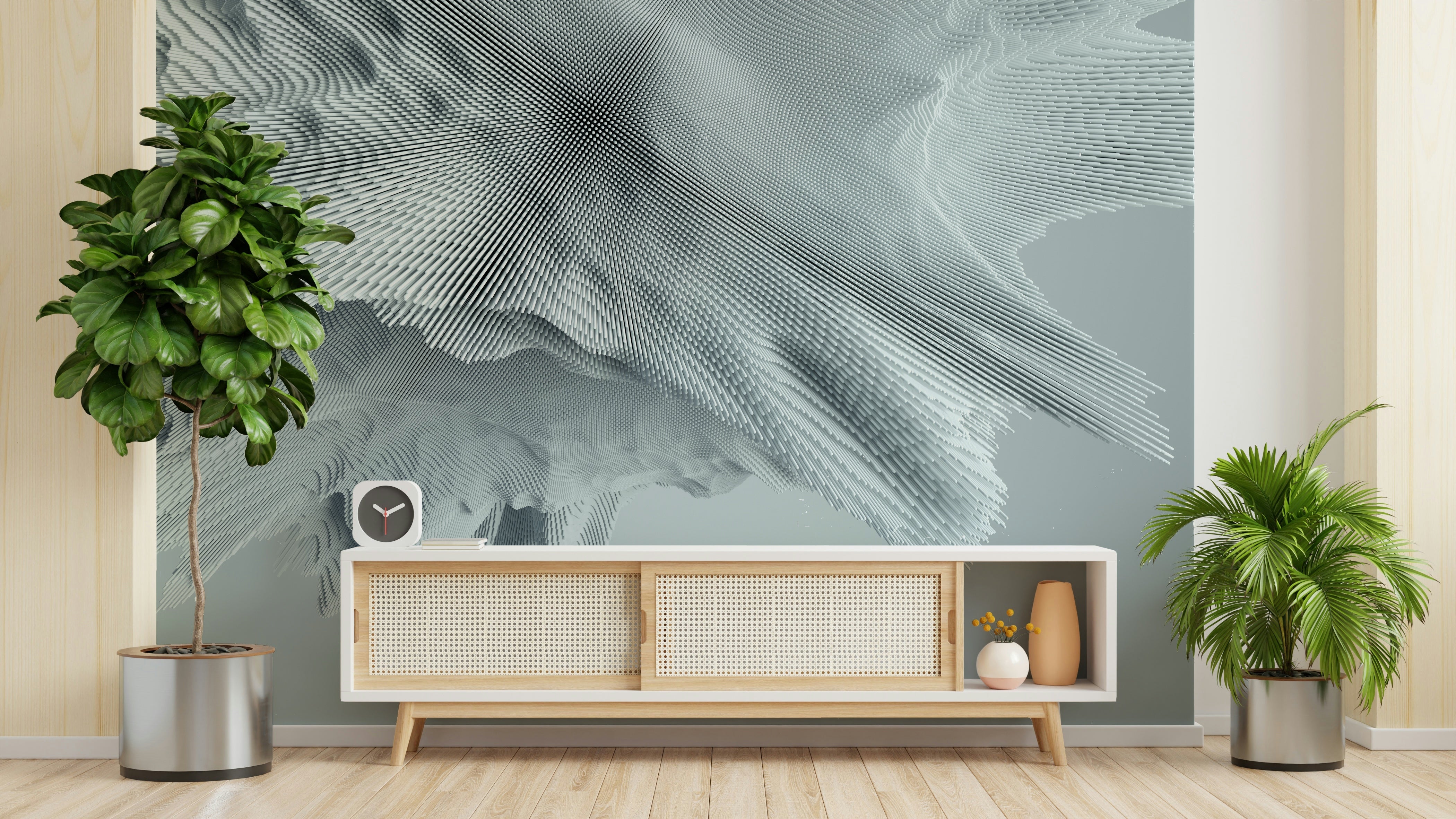 A wall mural of a mountain range.

