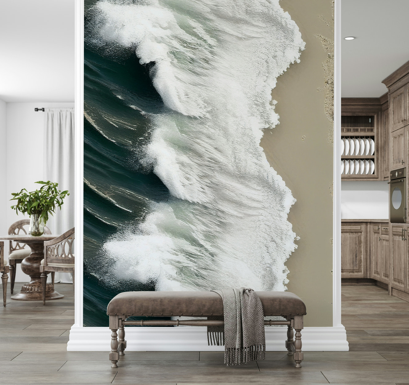 A wall mural of a peaceful beach and wave.

