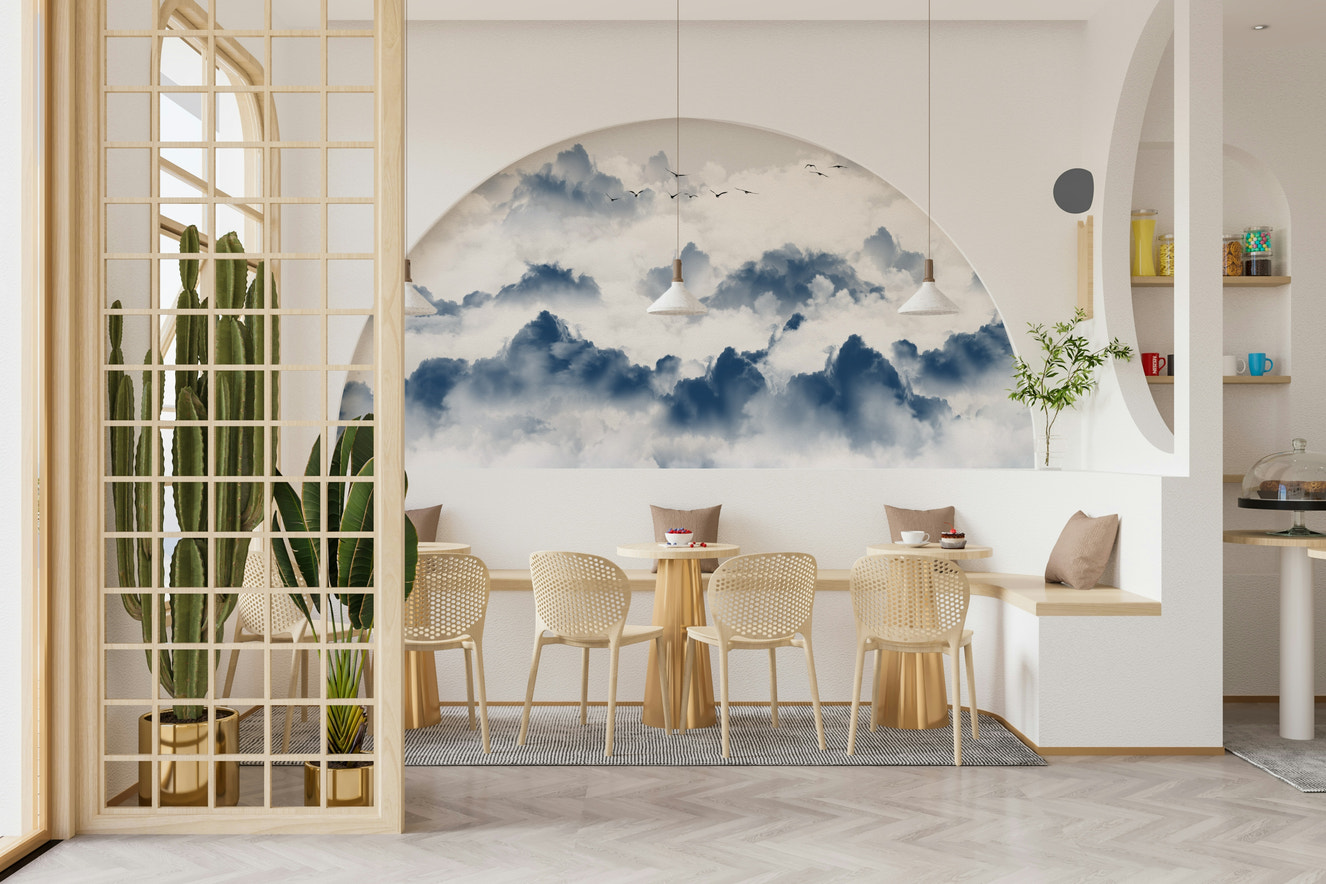 A wall mural of a Chinese ink wash landscape.

