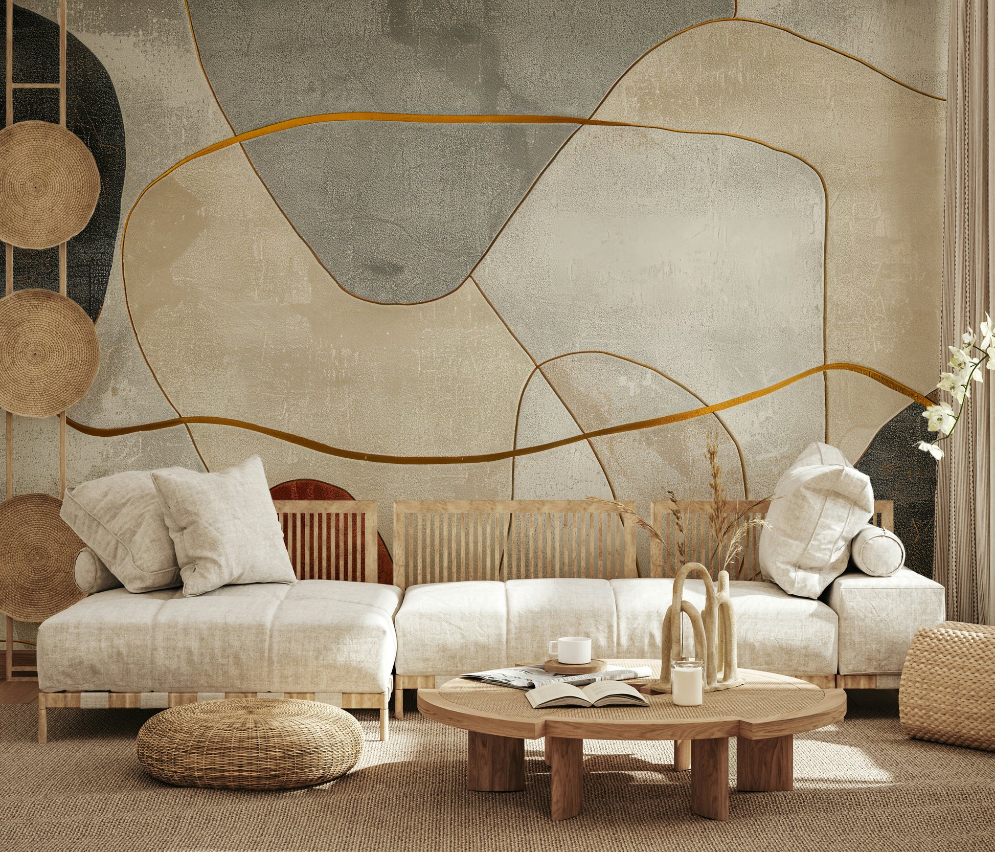 The composition is a dynamic, abstract pattern.

