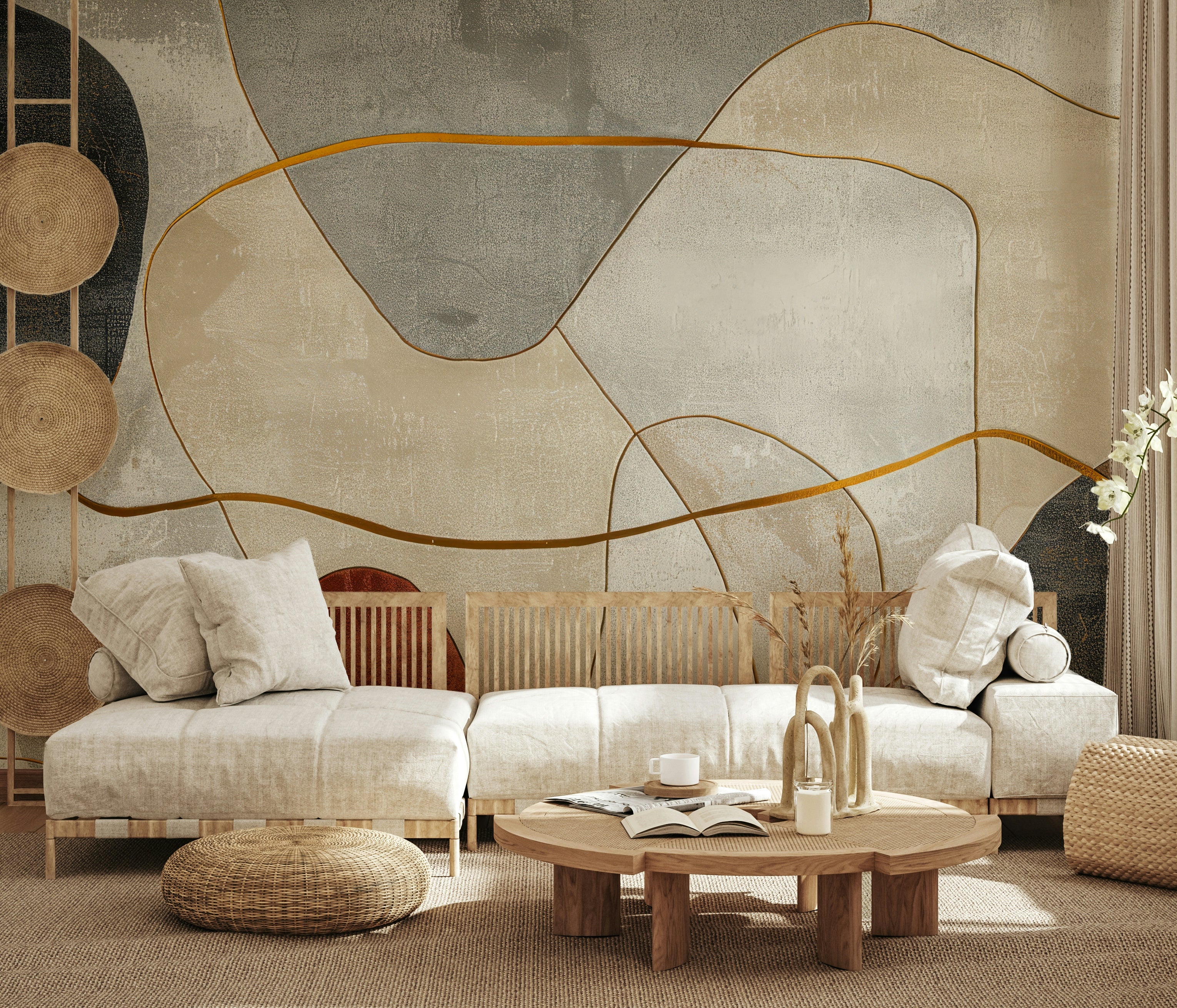 The composition is a dynamic, abstract pattern.


