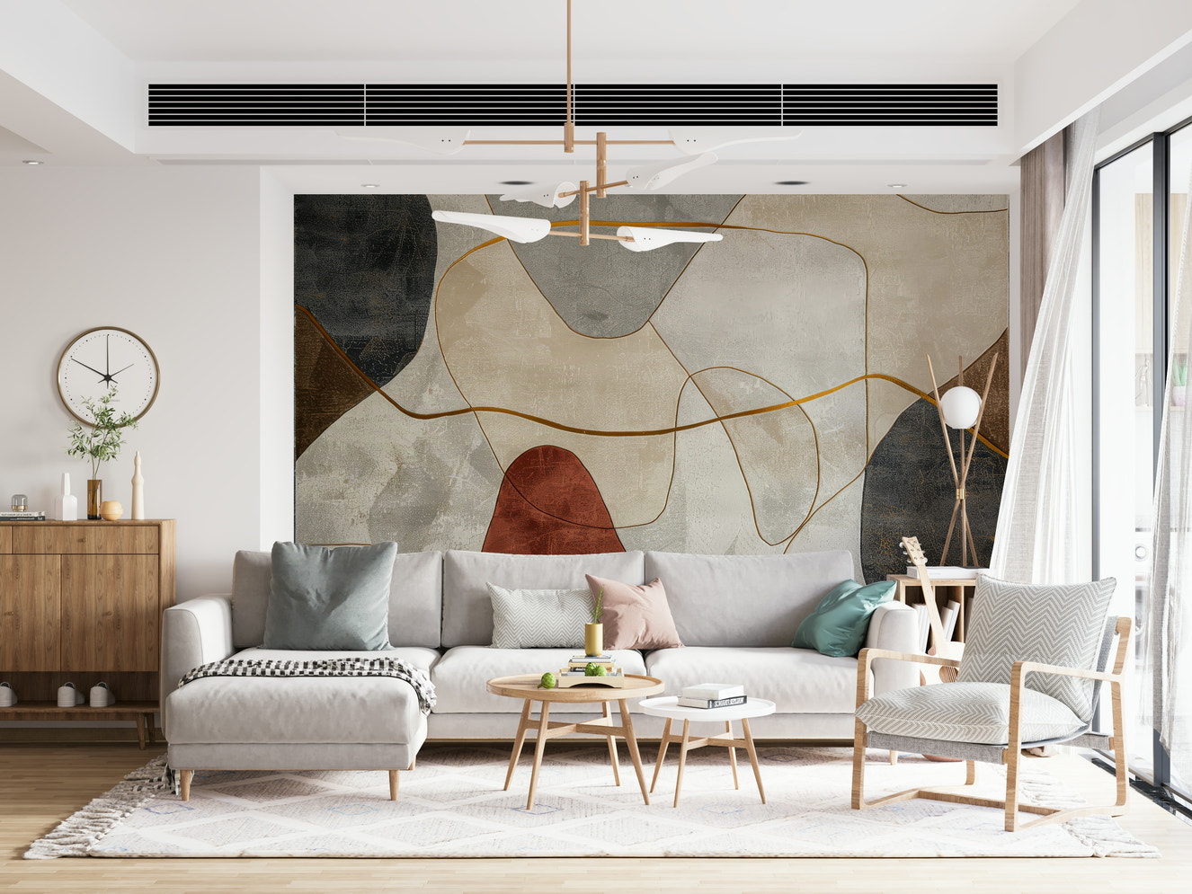 A wall mural of a geometric abstract pattern.

