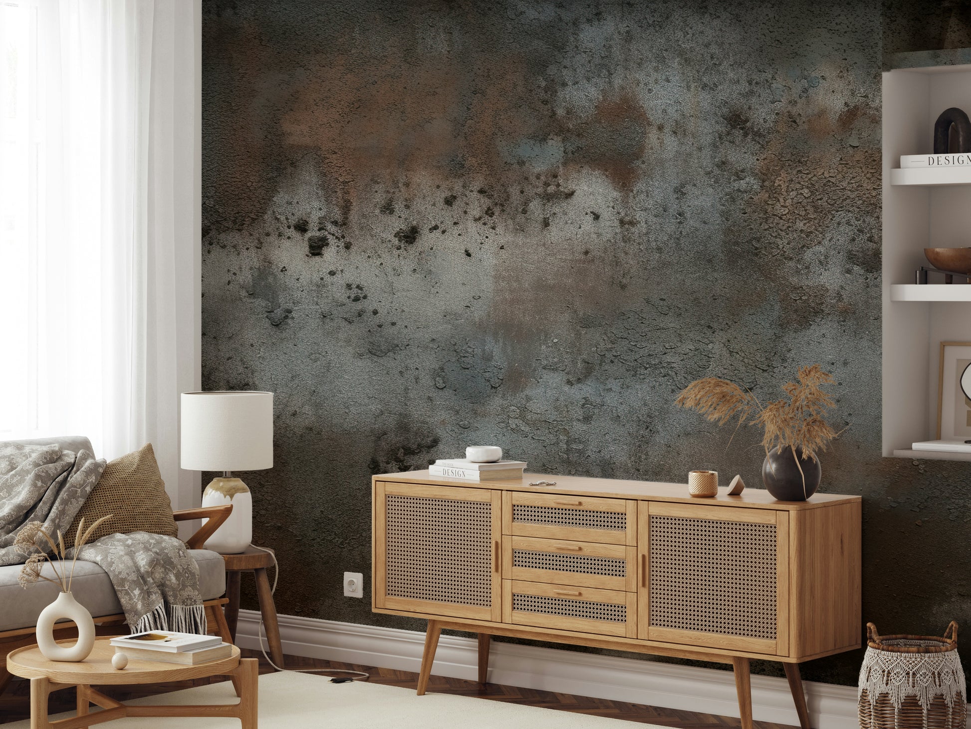 The composition is an abstract, linear pattern.

