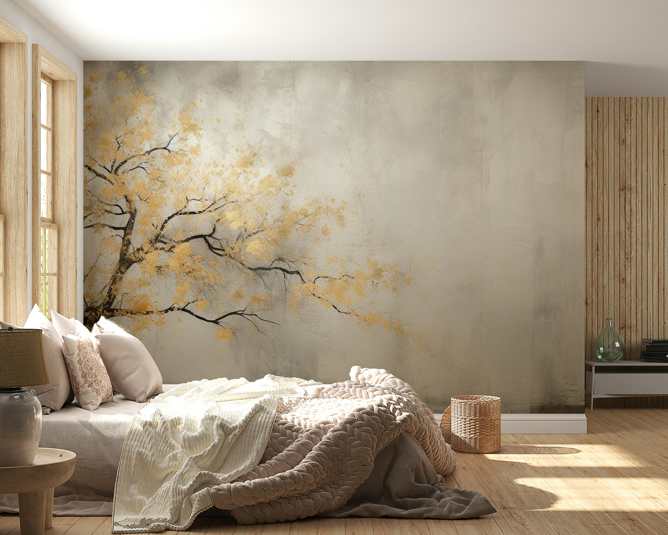 A wall mural of a tree with golden leaves.

