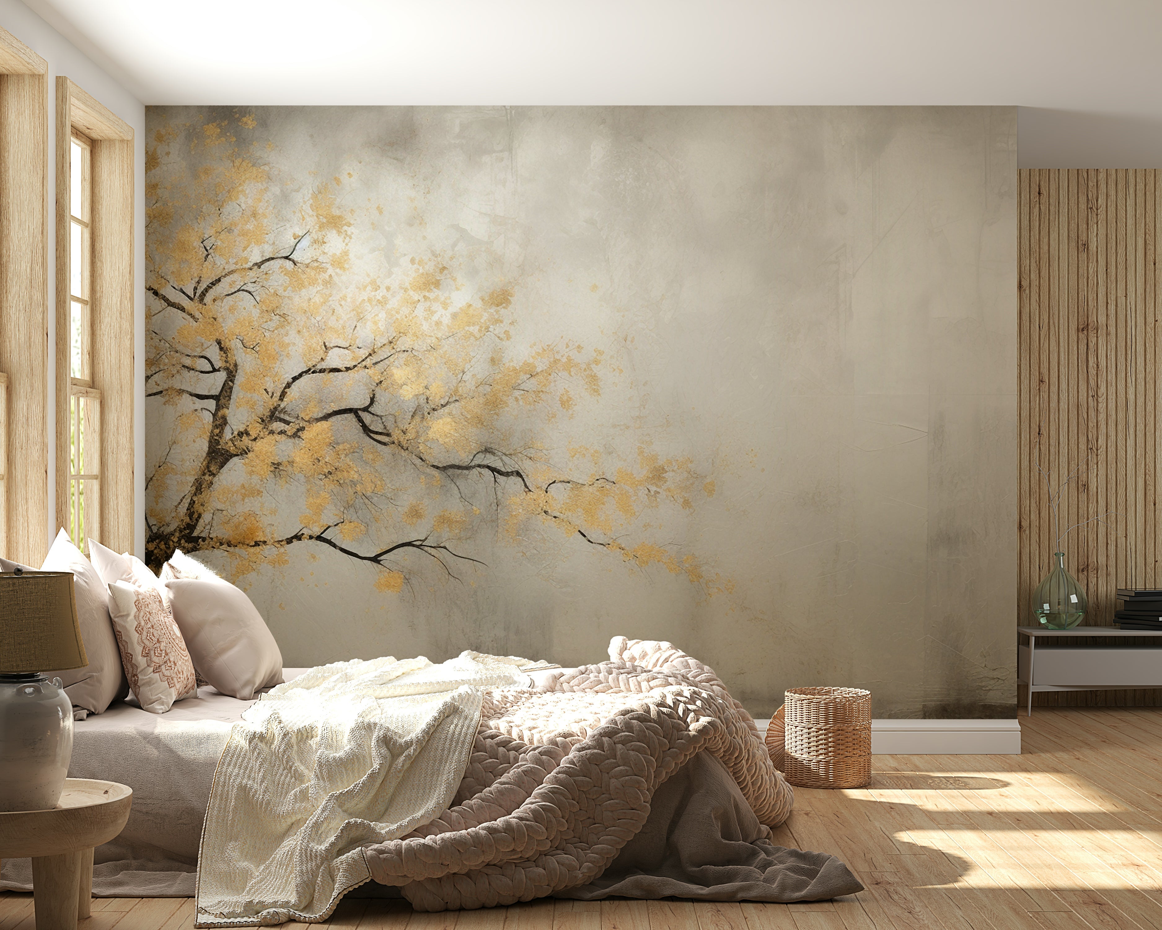 A wall mural of a tree with golden leaves.

