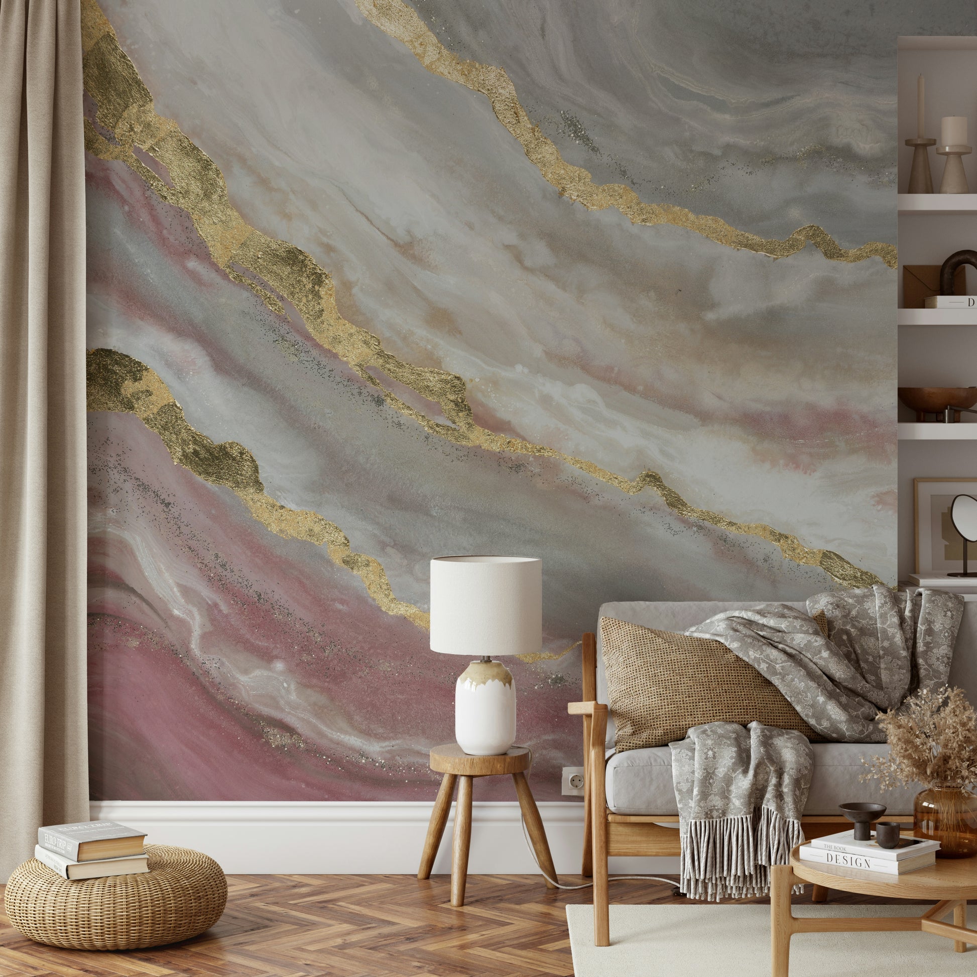 The colors are soft, muted tones of gray, blue, and gold.

