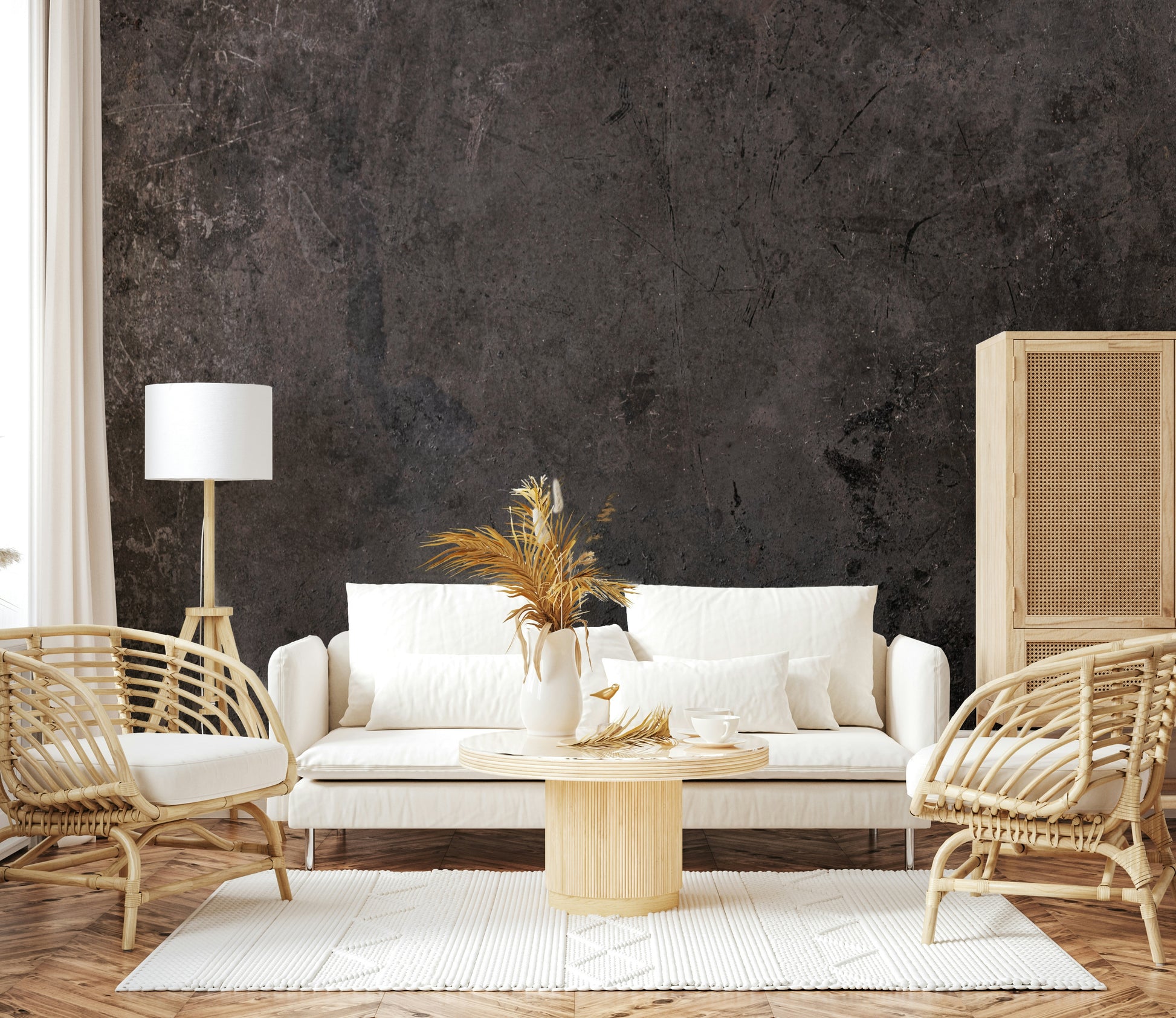 The colors are warm, muted tones with a subtle charred look.

