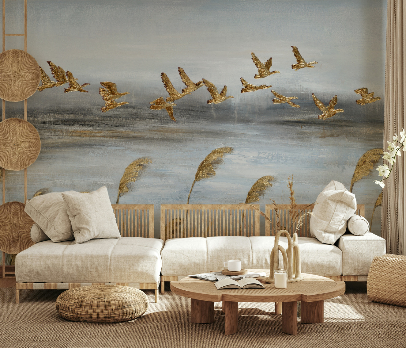 A wall mural featuring a flock of birds in flight.

