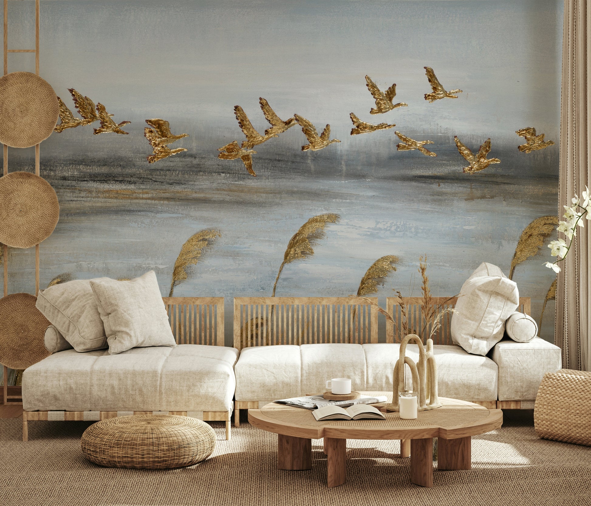 A wall mural featuring a flock of birds in flight.

