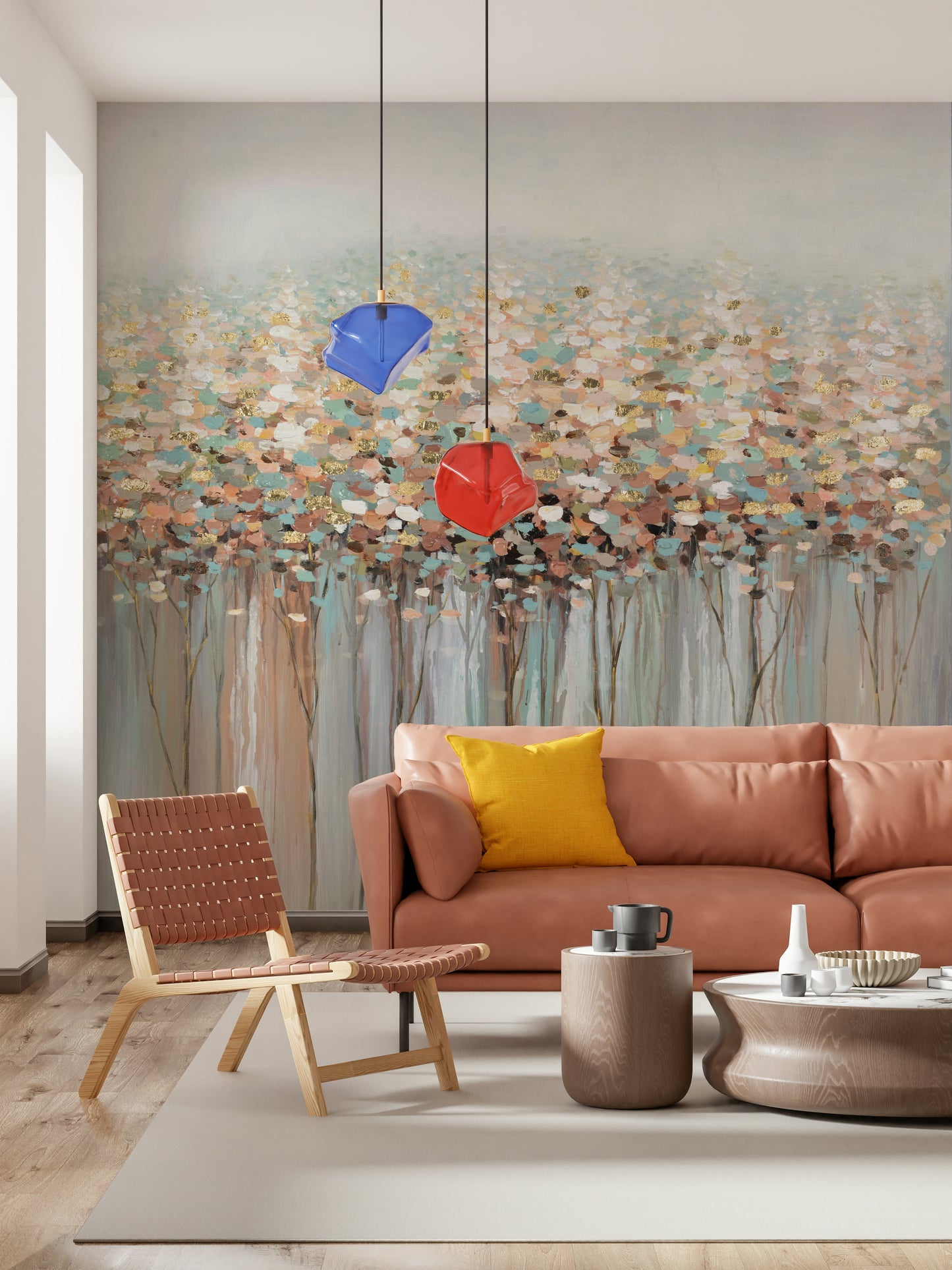 The trees are stylized with geometric shapes.

