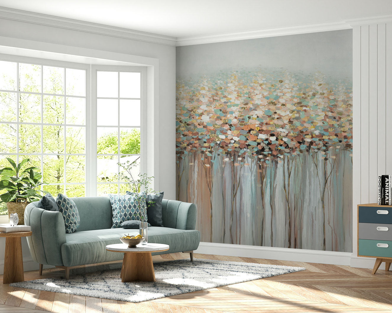 A wall mural with an abstract forest design.

