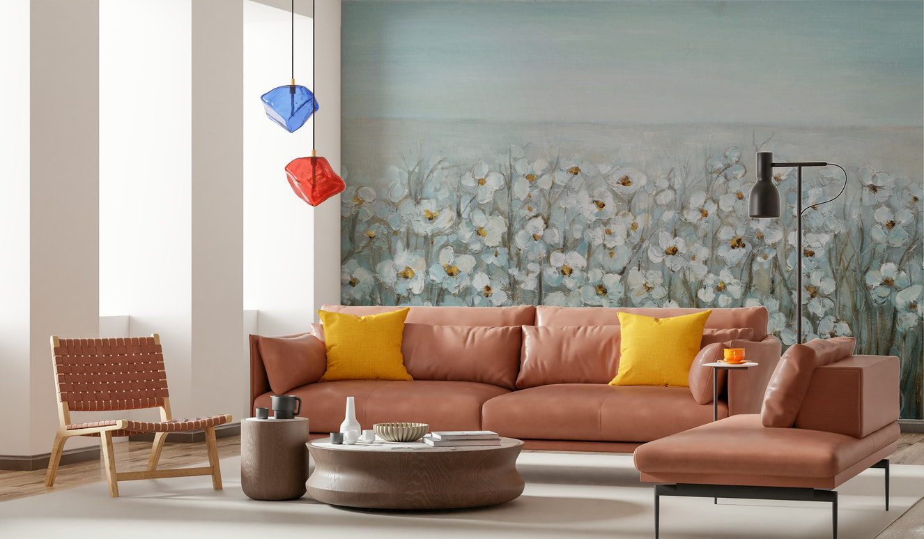 A wall mural featuring a panoramic floral scene.

