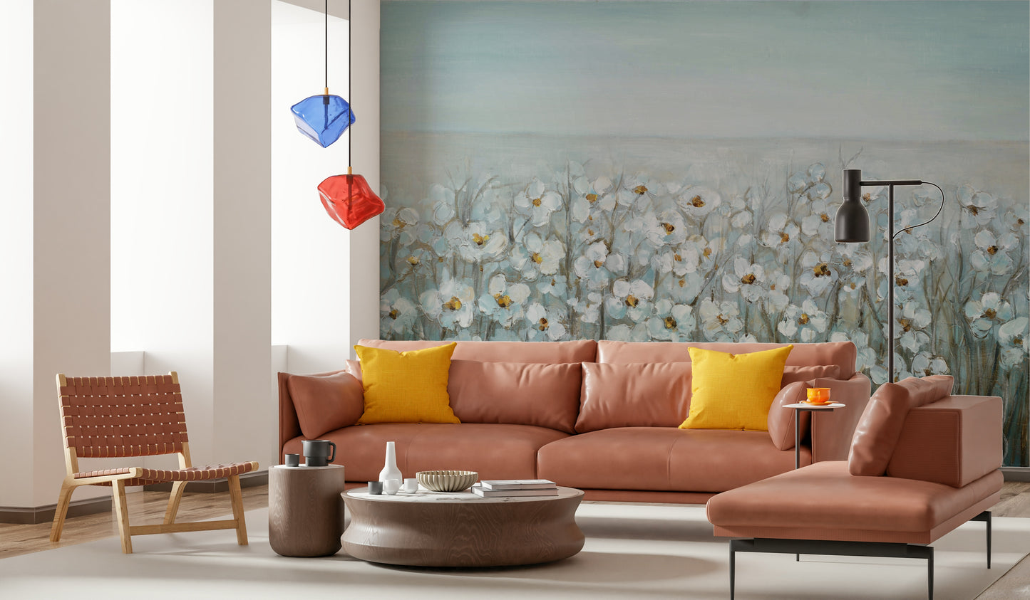 A wall mural featuring a panoramic floral scene.


