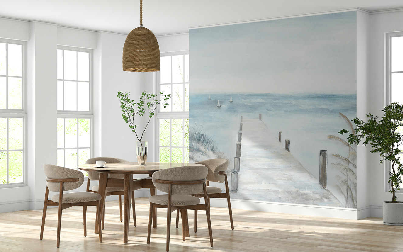 A wall mural of a seaside dock.


