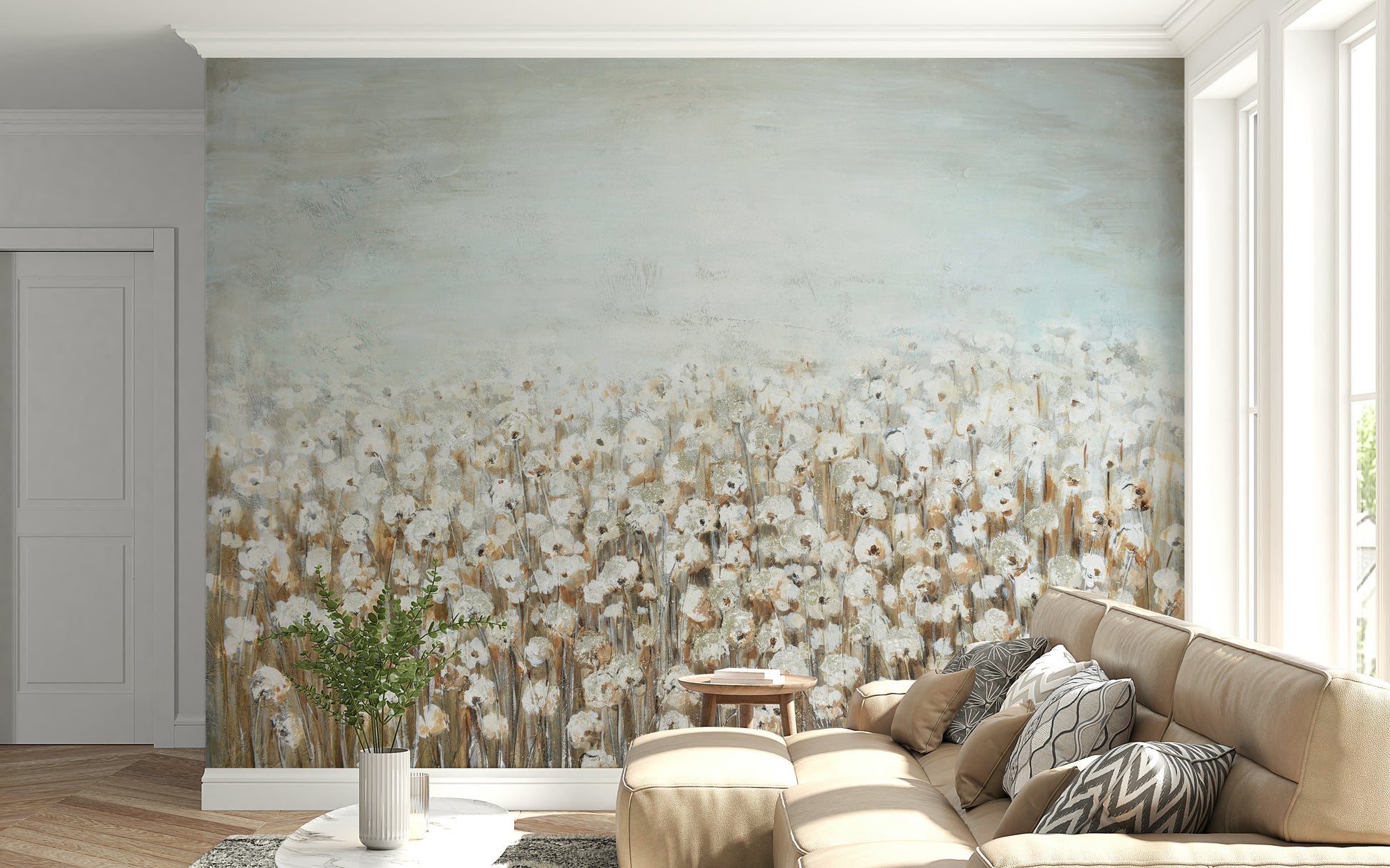 The mural gives a feeling of being in a rustic countryside.


