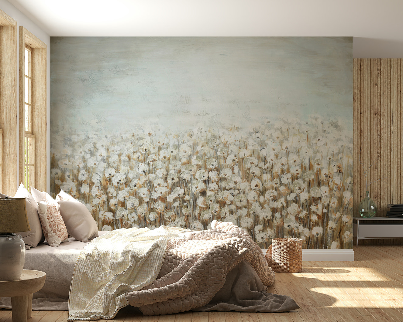 A wall mural featuring a field of cotton.


