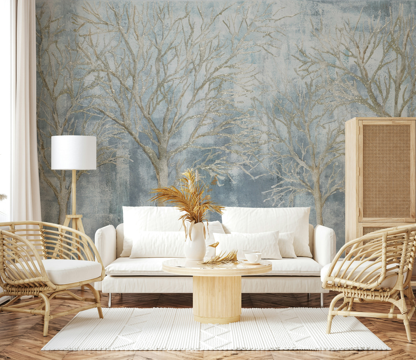 A wall mural of a peaceful forest.

