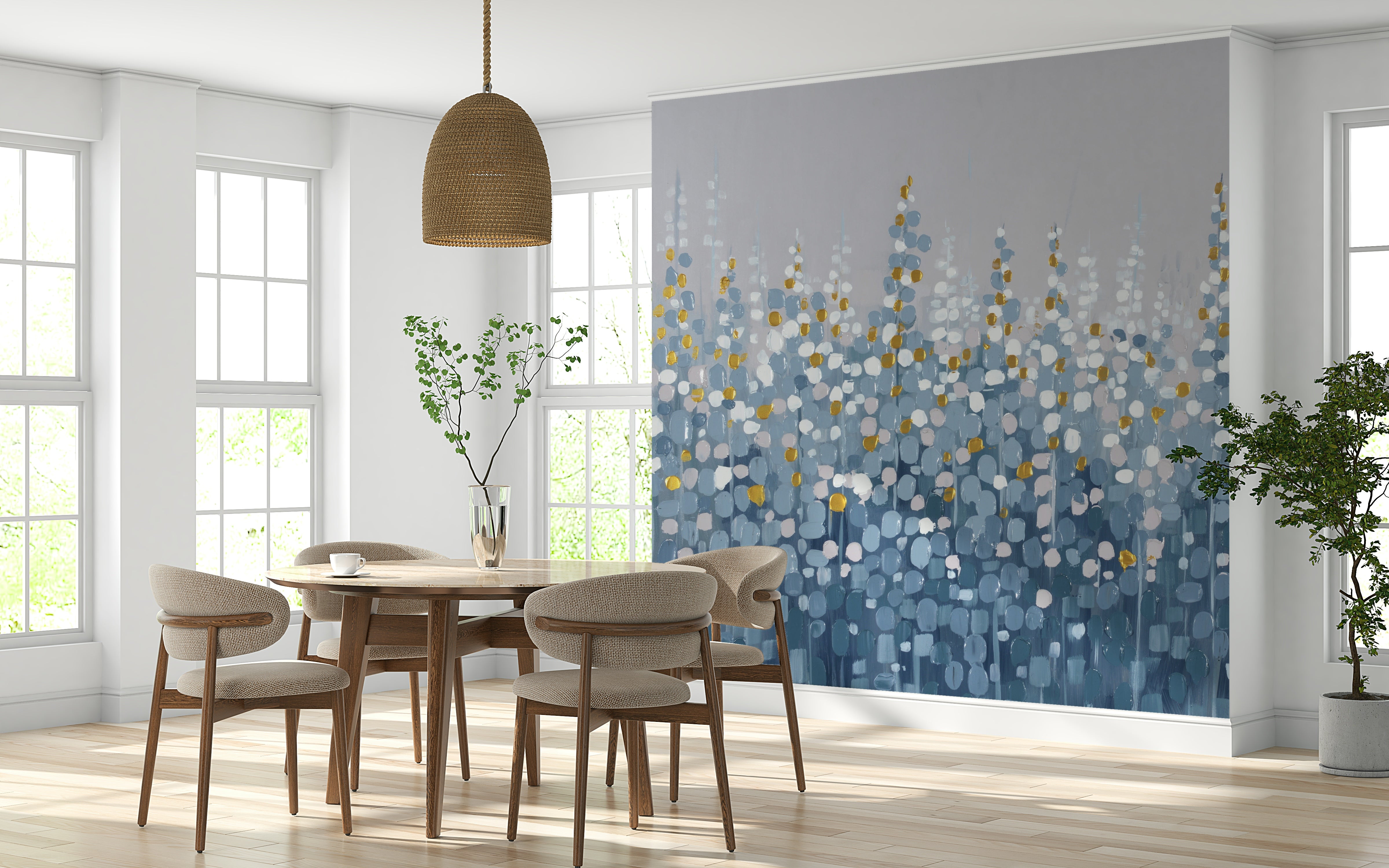 The abstract shapes and gold accents are a central focus of the image.

