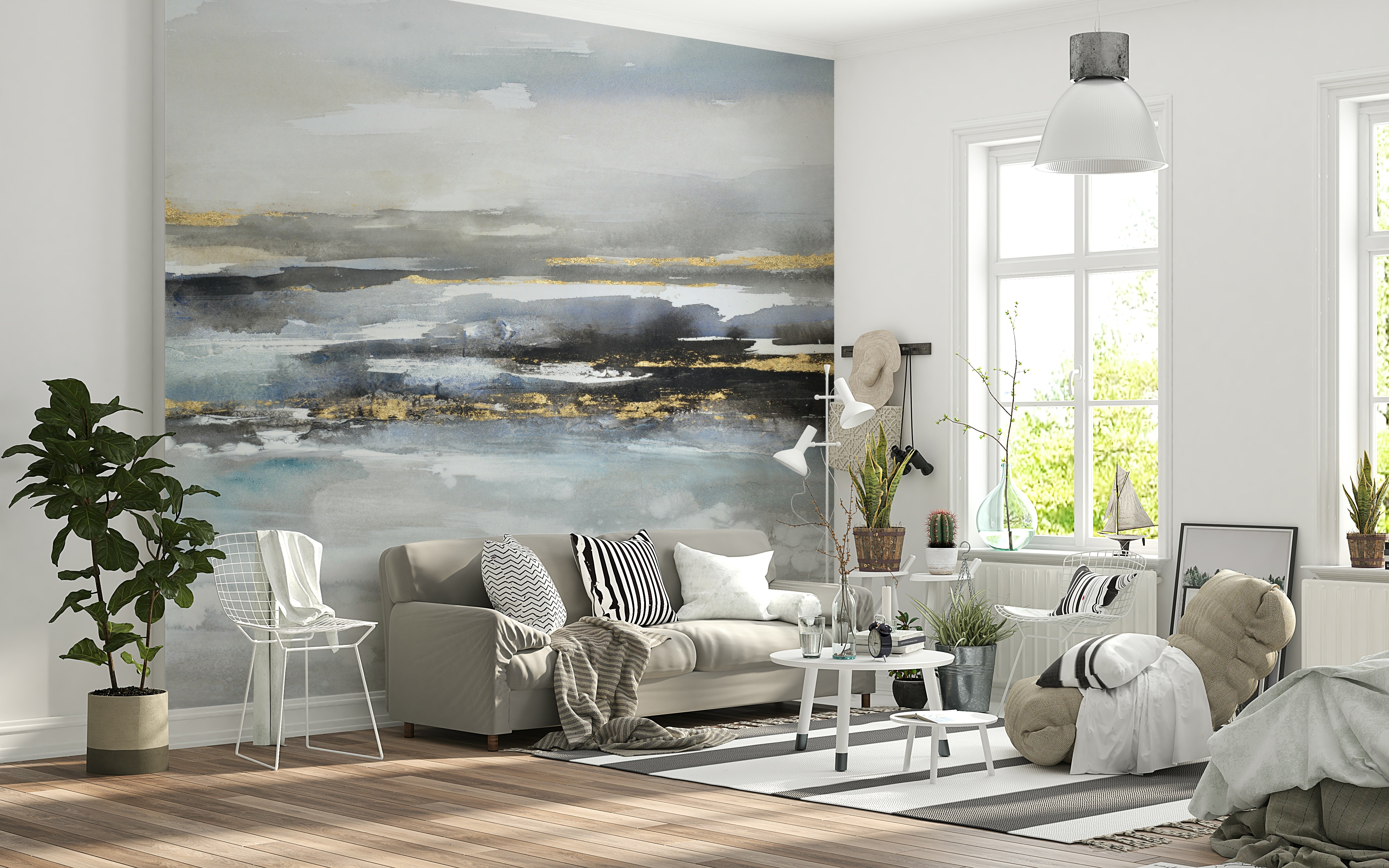 The colors are soft, muted tones of blue, beige, and white.

