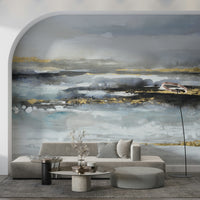 A wall mural of an abstract seascape.

