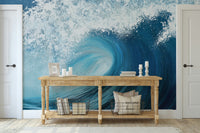 A wall mural of a large ocean wave.

