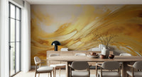 A wall mural of a peaceful landscape.

