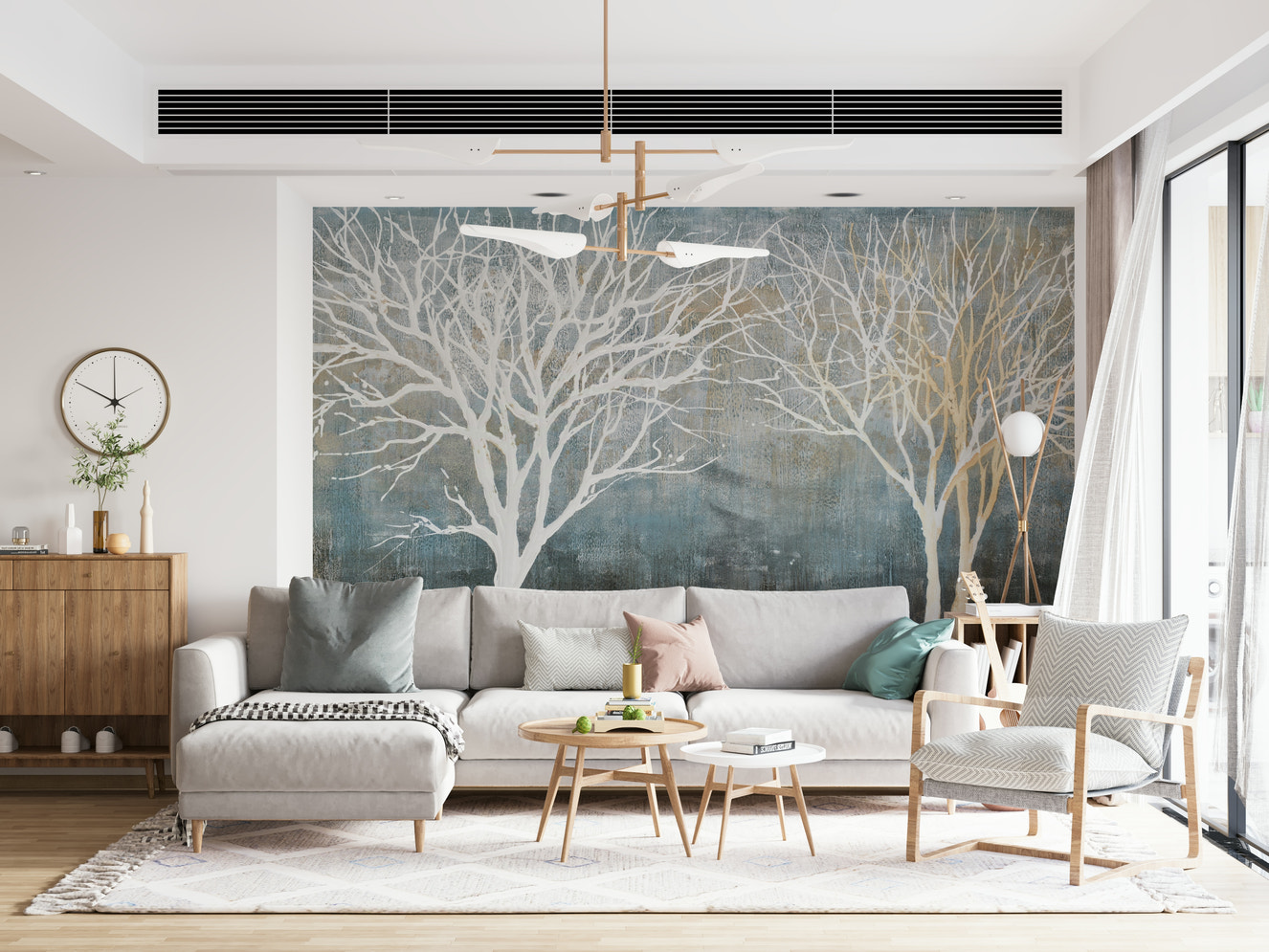 A wall mural of a panoramic forest scene.

