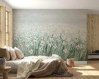 A wall mural of a floral meadow.

