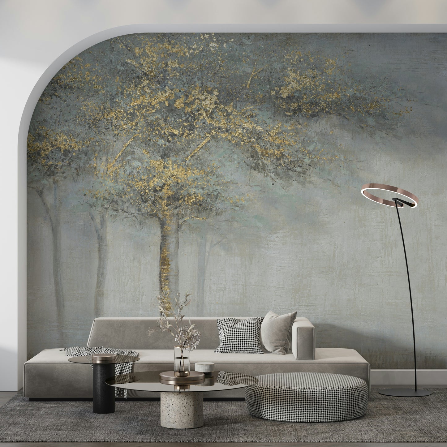 The colors are soft, muted tones with a golden sheen.

