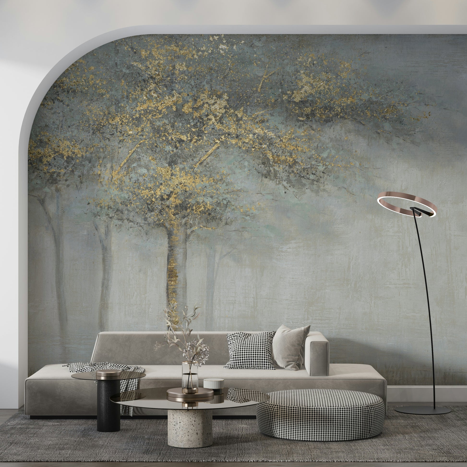 The colors are soft, muted tones with a golden sheen.

