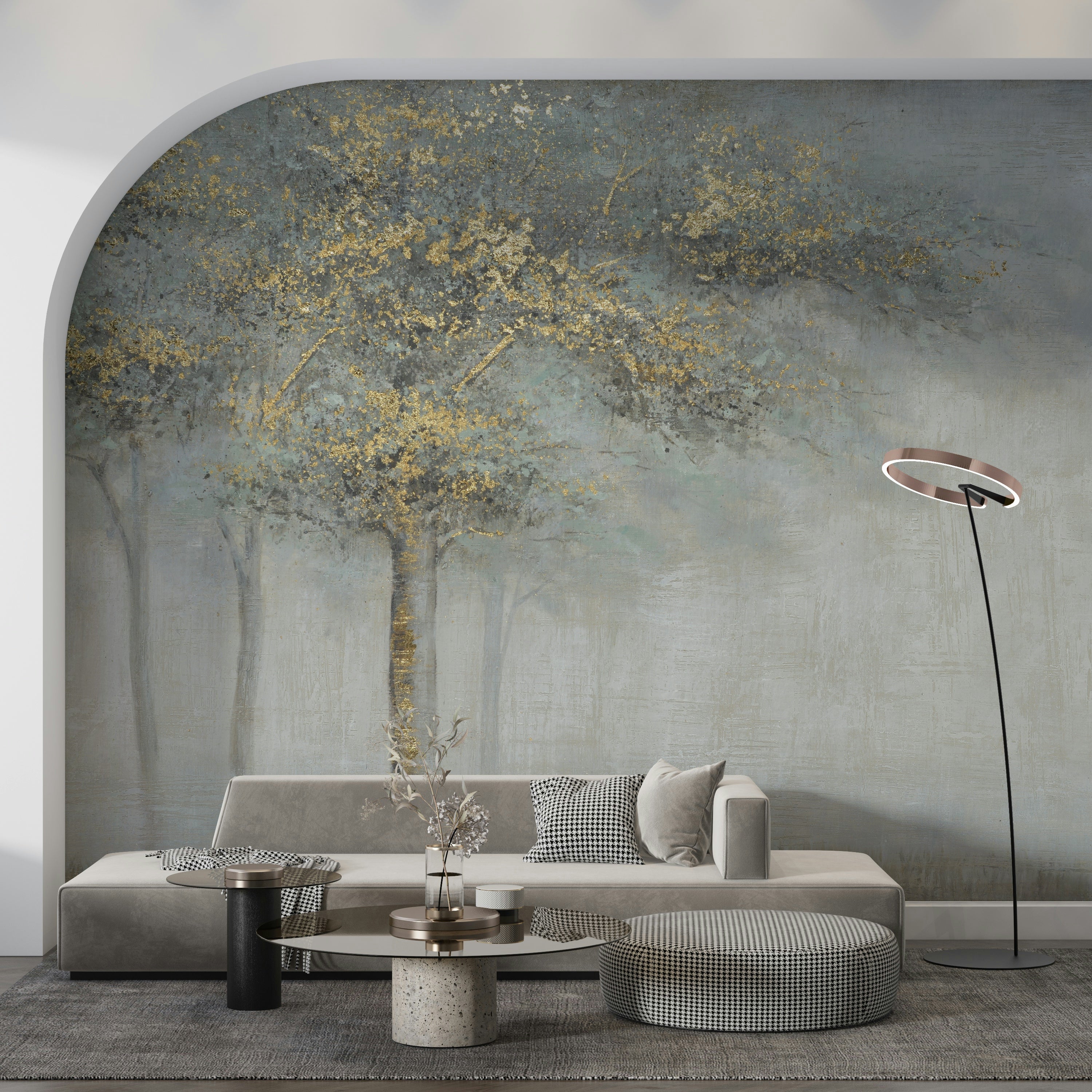 The colors are soft, muted tones with a golden sheen.

