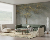 A wall mural of a peaceful grove of trees.

