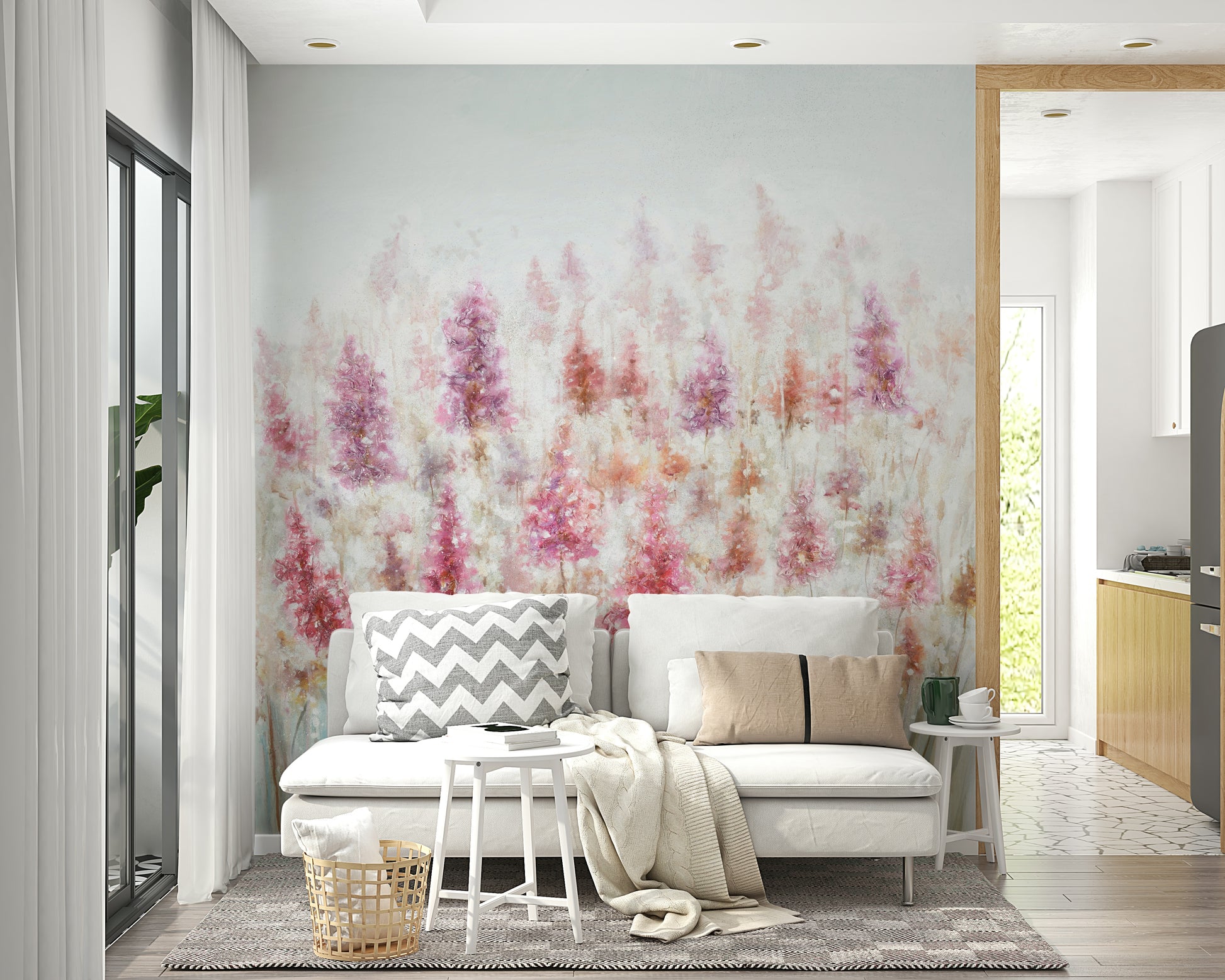 The image shows a repeating pattern of soft, delicate flowers.

