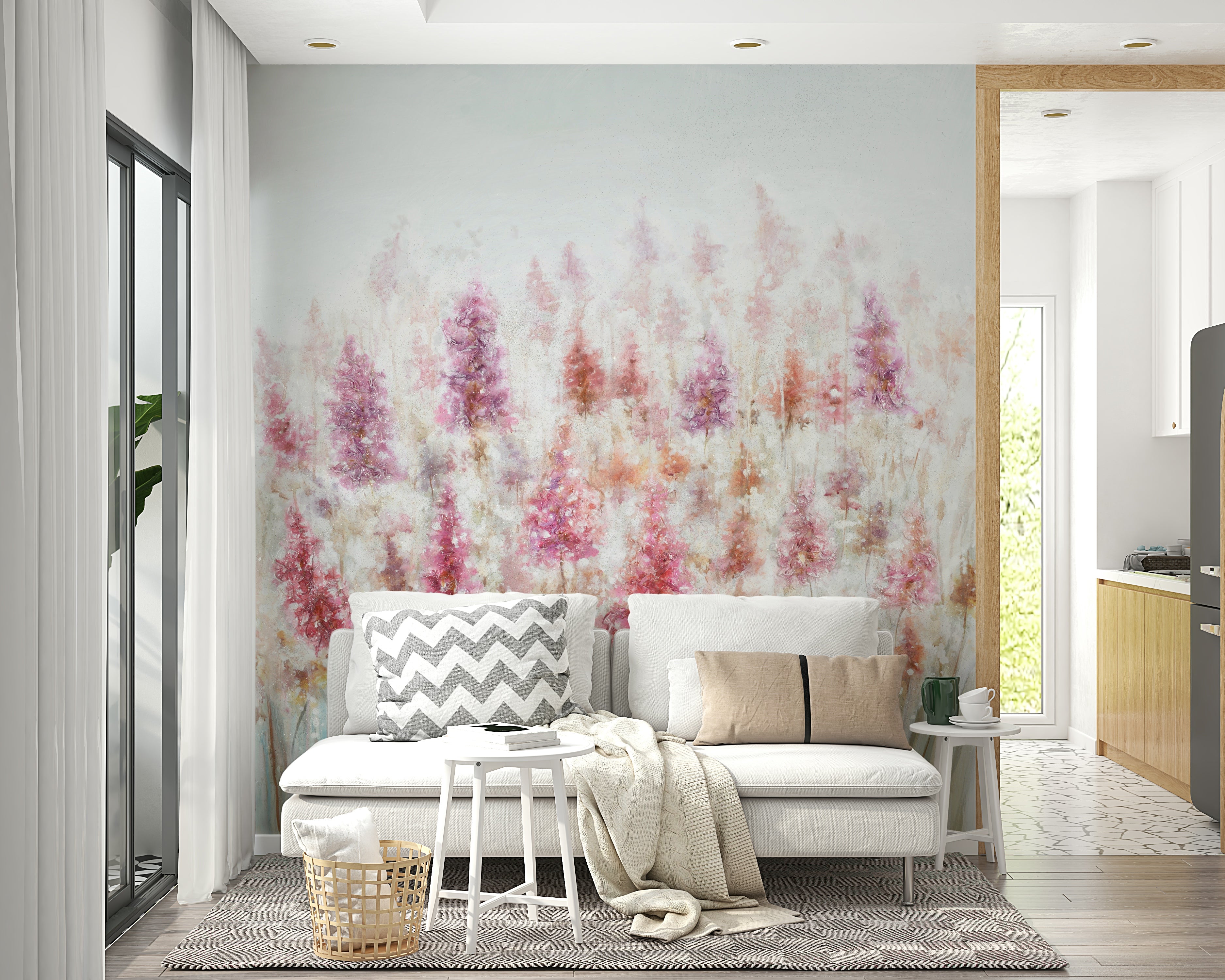 The image shows a repeating pattern of soft, delicate flowers.

