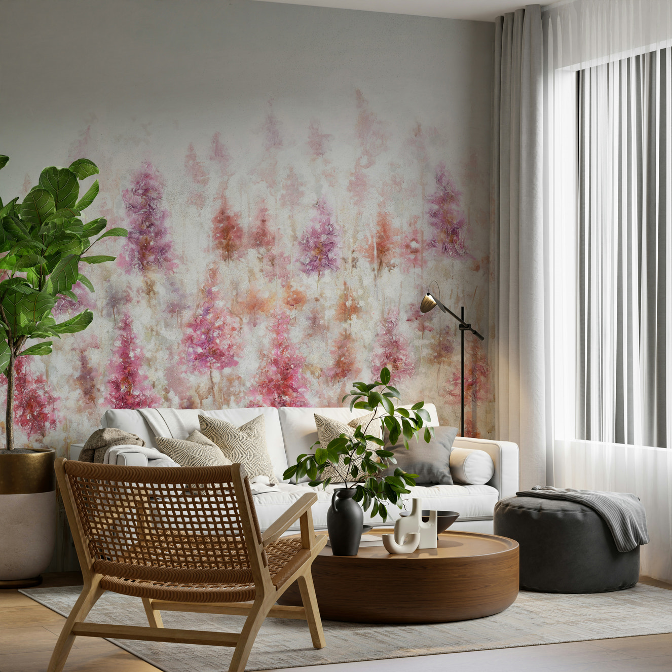 A wall mural of a floral pattern.

