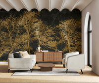 A wall mural of a forest scene.

