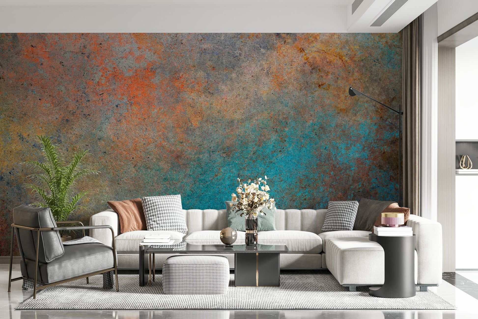 The composition is an abstract, linear pattern.

