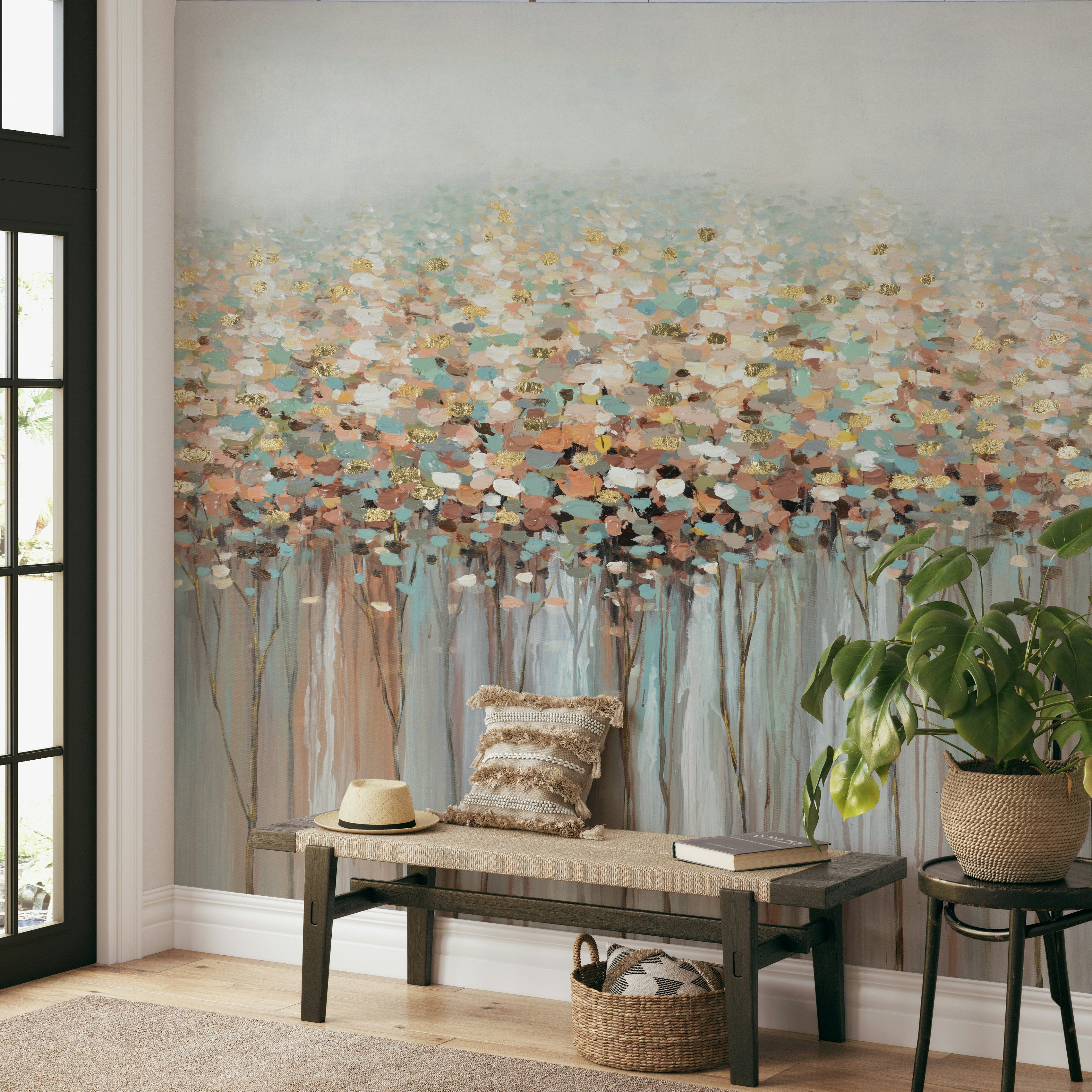 The image shows a repeating pattern of delicate leaves.

