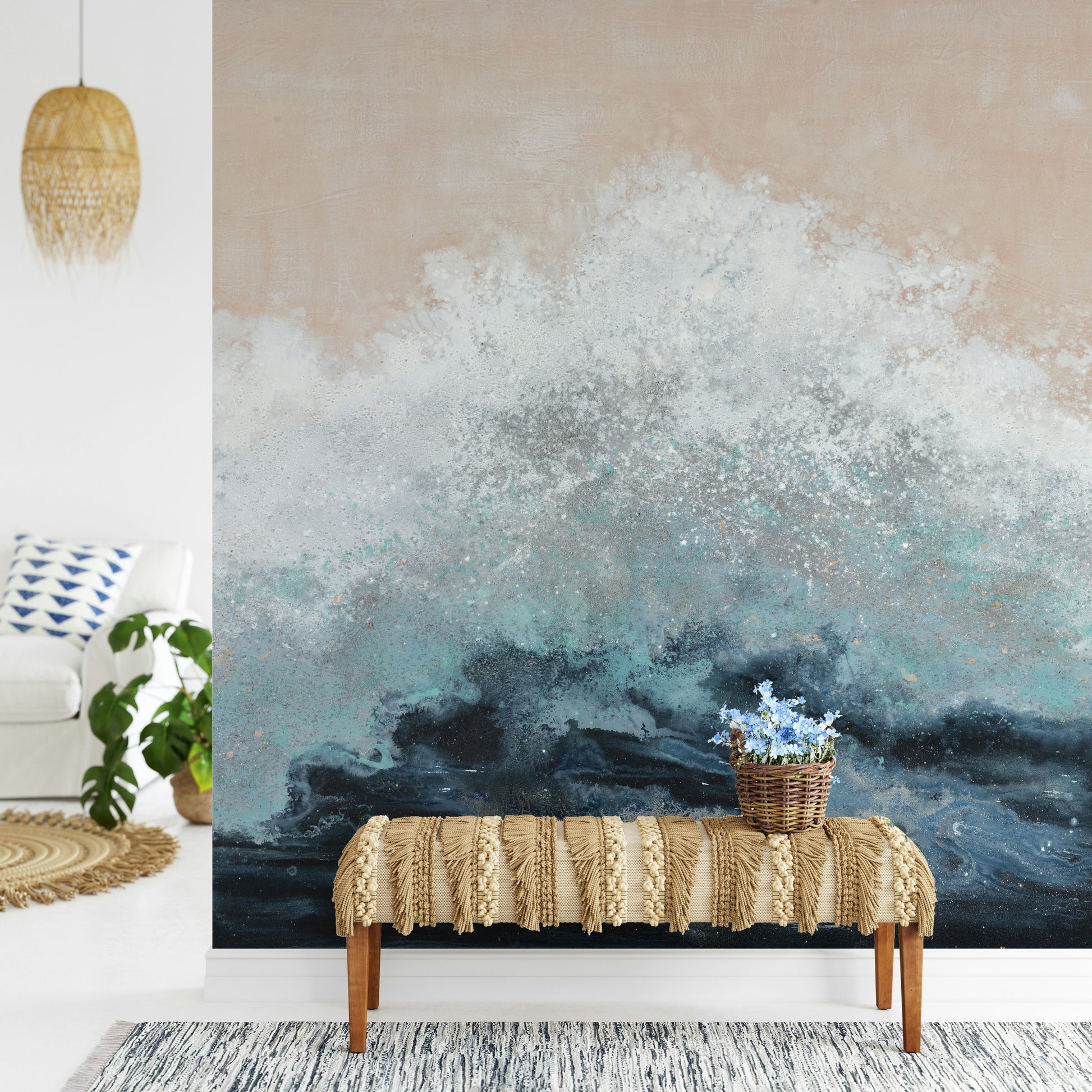 The colors are soft, muted tones of blue, beige, and white.

